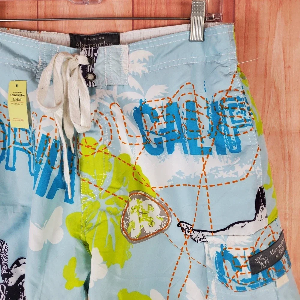 Abercrombie & Fitch Mens Board Shorts Sz Medium Light Blue Graphic Map Y2K